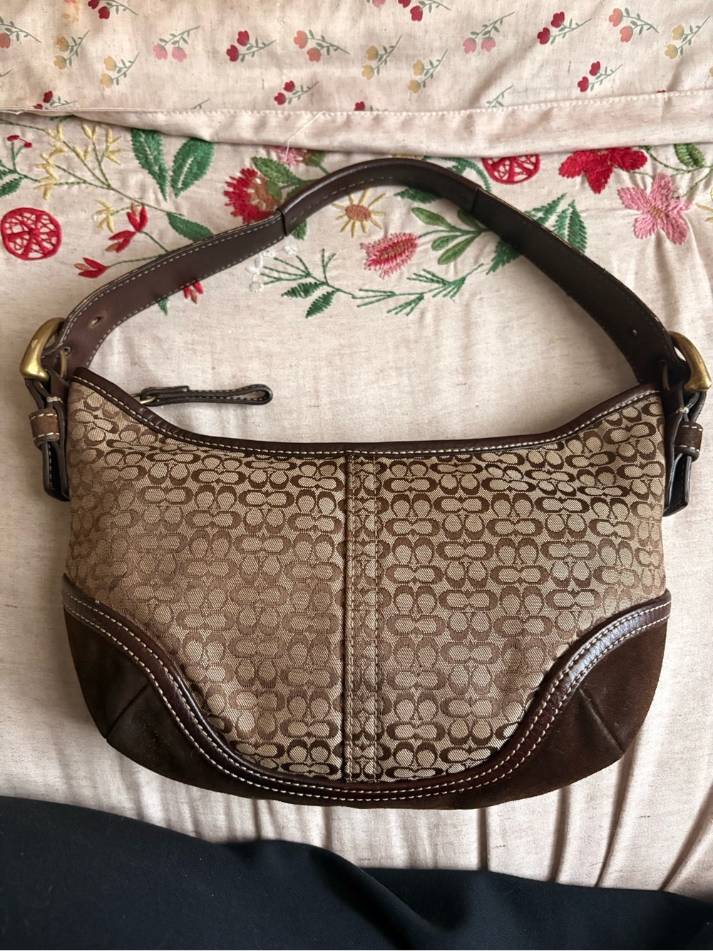 Coach Brown Signature Canvas Shoulder Bag with Dark Brown Leather Trim